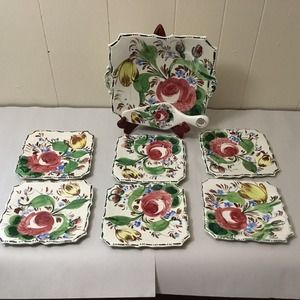 Vtg Hand Painted Siena Italy Dessert Serving 8 pc Set Porcelan